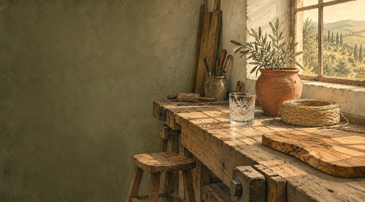 Banco da lavoro in legno accanto a una finestra: un vaso in terracotta con un ramo d’olivo, una treccia di paglia arrotolata, un bicchiere di cristallo molato, un tagliere in legno d’olivo e alcuni attrezzi; fuori, colline con cipressi
