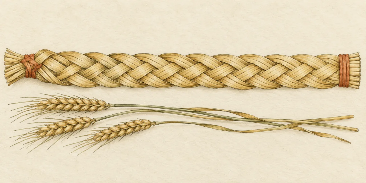 Treccia piatta di paglia di grano con le due estremità legate da un filo color terracotta, accanto a tre spighe di grano con i loro steli