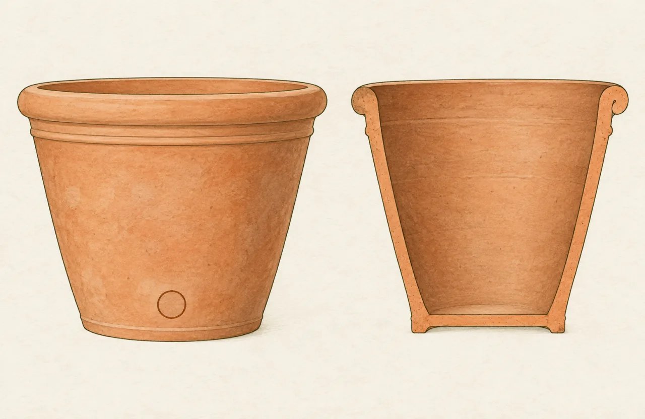 Vaso in terracotta disegnato due volte: a sinistra visto di fronte, con un piccolo cerchio vuoto vicino alla base; a destra in sezione, con lo spessore della parete e il bordo arrotolato