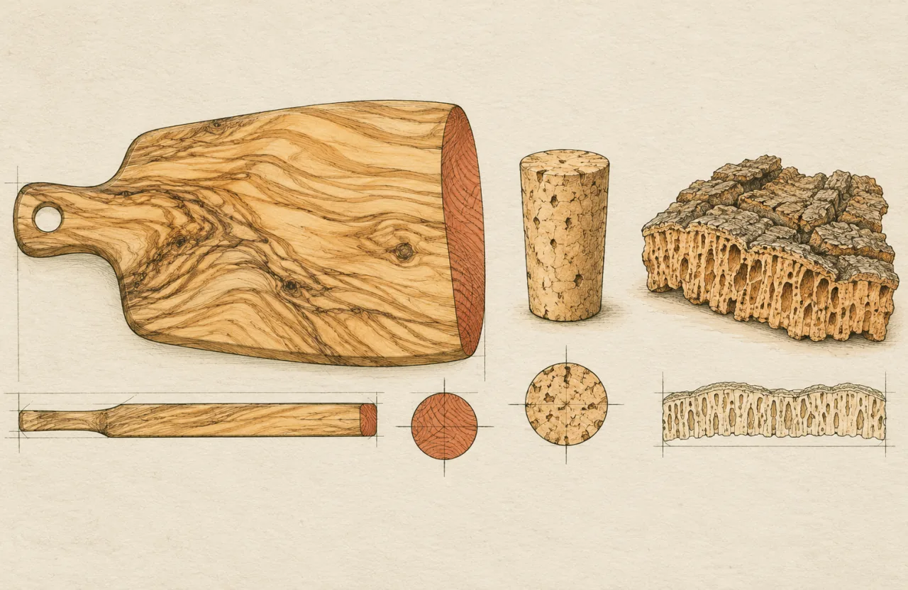 Tagliere in legno d’olivo con le venature e la testa del legno in evidenza, un tappo di sughero e un pezzo di corteccia di sughero, ciascuno ridisegnato sotto in sezione