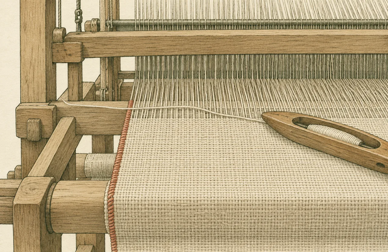 Telaio a mano in legno con i fili d’ordito tesi, un filo di trama appena passato, la cimosa del tessuto segnata in color terracotta e una navetta appoggiata sulla tela