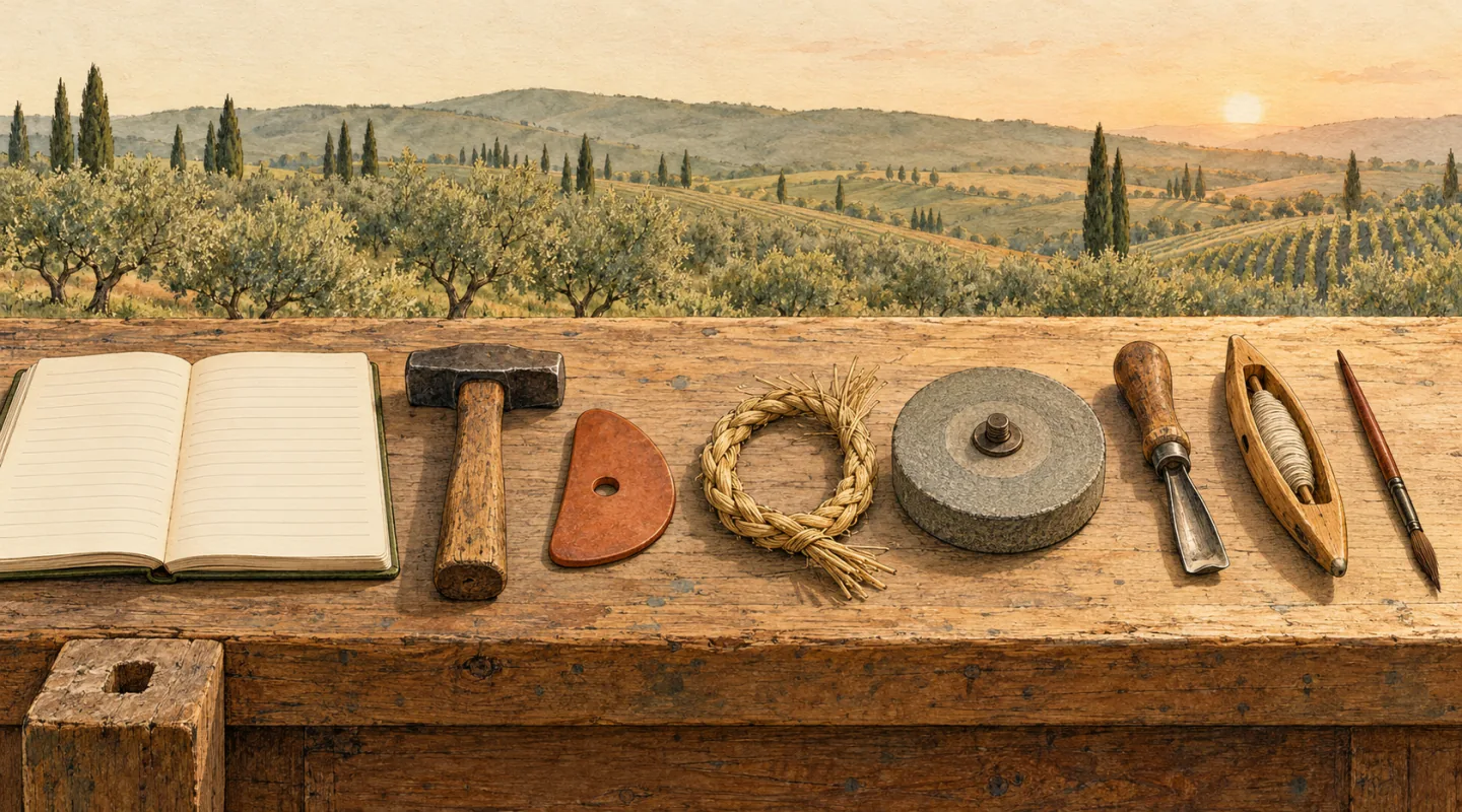 Banco di legno all’aperto con un quaderno aperto dalle pagine vuote e, in fila, un martello, una stecca da vasaio, una treccia di paglia, una mola, una sgorbia, una navetta e un pennello; sullo sfondo colline con oliveti, vigneti e cipressi