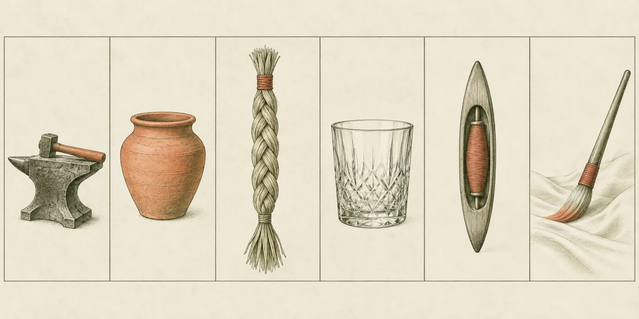 Sei riquadri affiancati, uno per lavorazione: incudine e martello, vaso in terracotta, treccia di paglia, bicchiere molato, navetta da tessitura e pennello su un tessuto