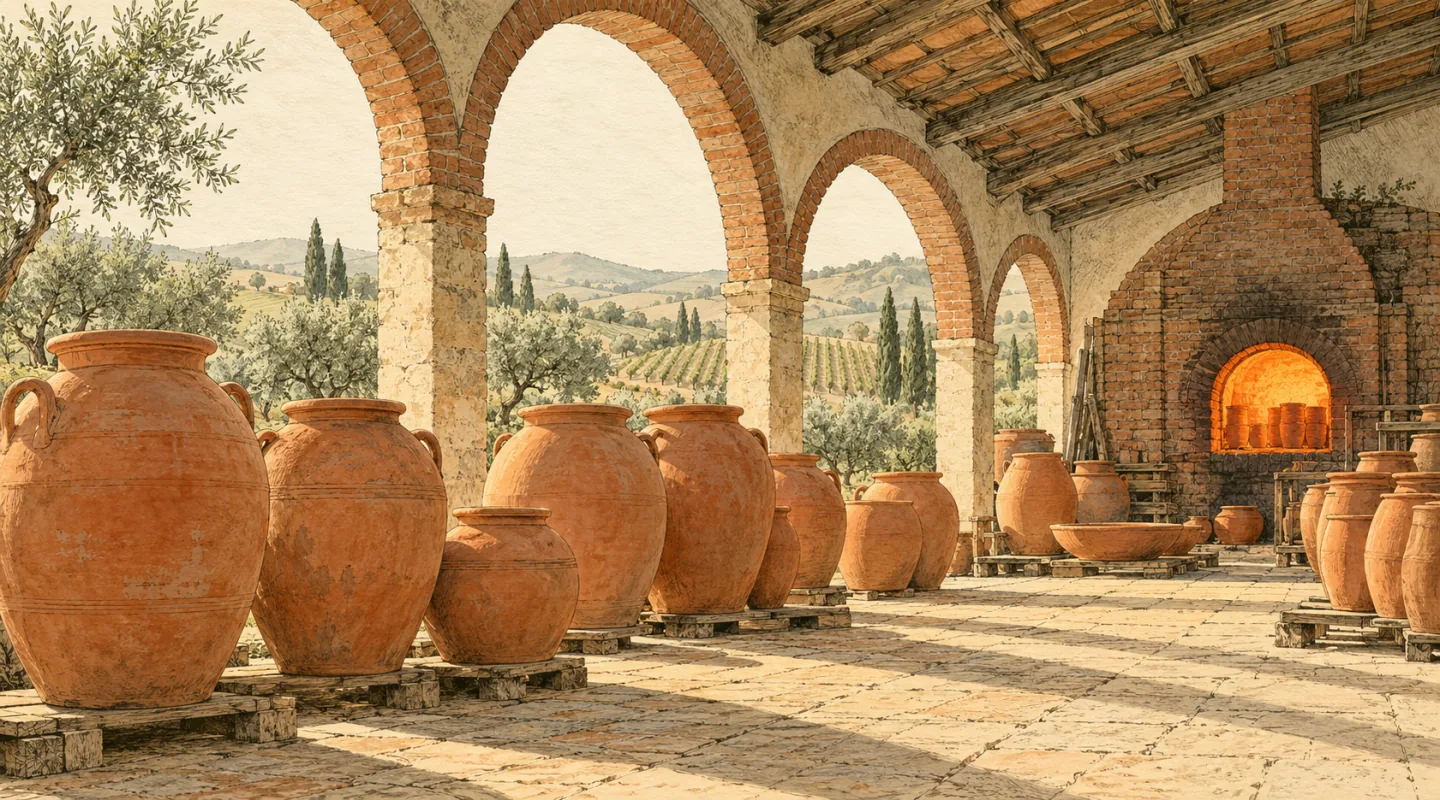 Orci e vasi in terracotta allineati sotto un portico ad archi in mattoni, con la bocca accesa di un forno sul fondo e, oltre gli archi, colline con vigneti e cipressi