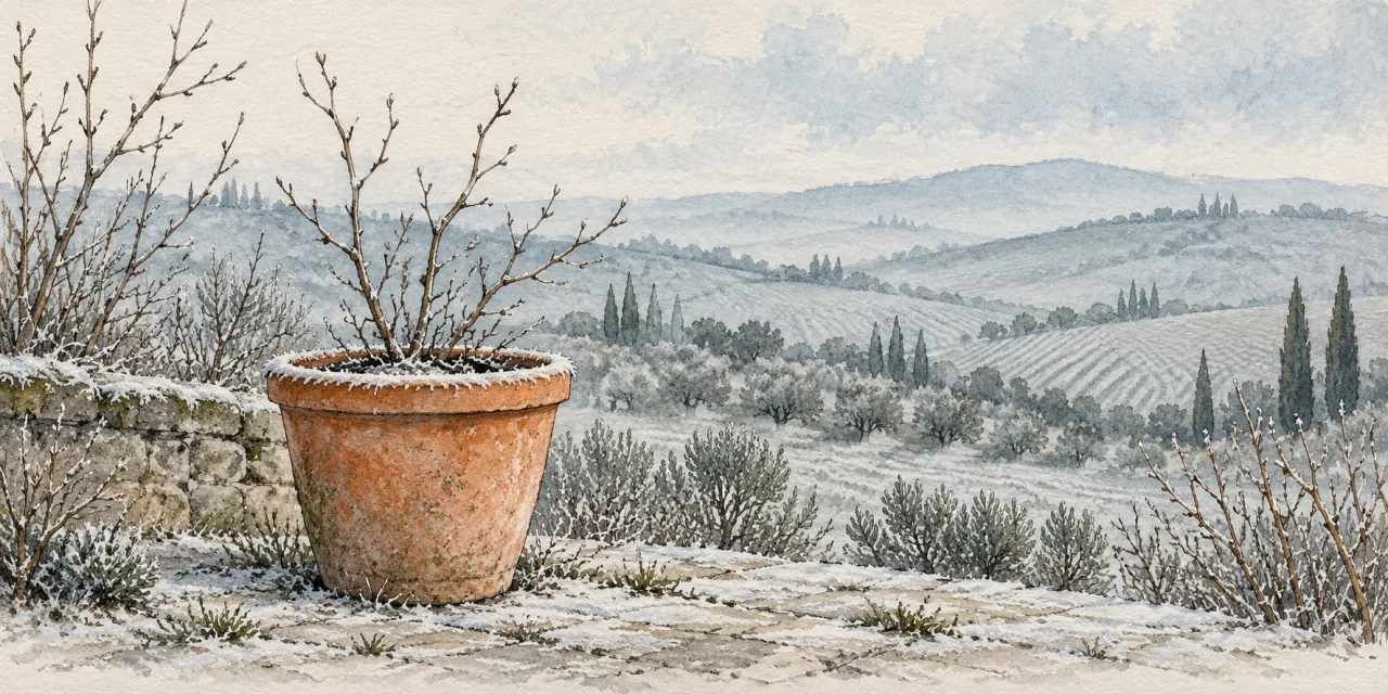 Vaso in terracotta all’aperto in un giardino d’inverno, con la brina sul bordo, sulla terra e sul selciato; dietro, rami spogli e colline con cipressi