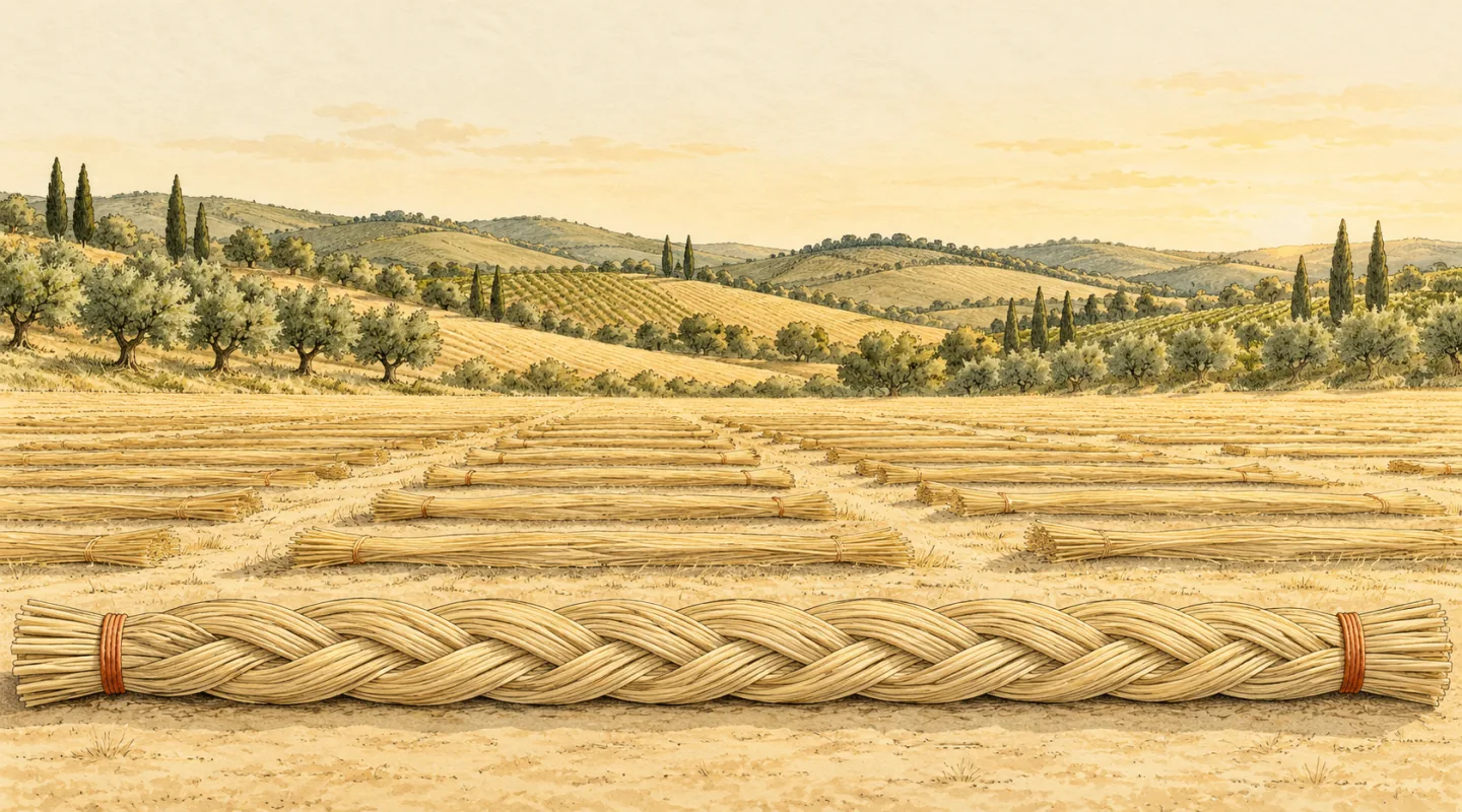 Mannelli di steli di paglia stesi in file su un campo, con in primo piano una lunga treccia piatta di paglia legata alle estremità da un filo color terracotta; sullo sfondo colline con oliveti e cipressi