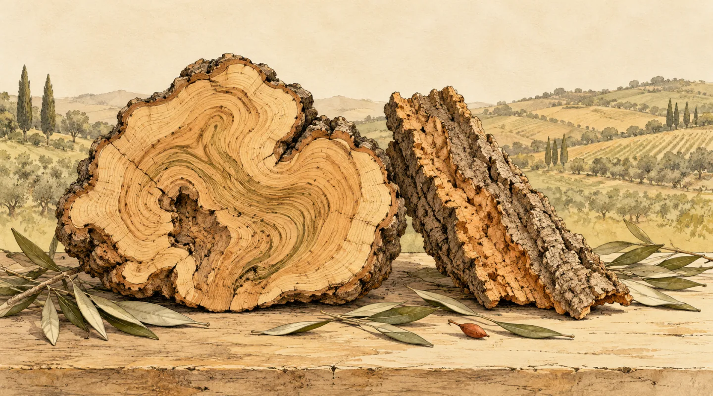 Sezione segata di un tronco dalle venature avvolgenti e dal contorno irregolare, accanto a una plancia di corteccia di sughero, con foglie d’olivo sparse su un piano; sullo sfondo colline con cipressi e vigneti
