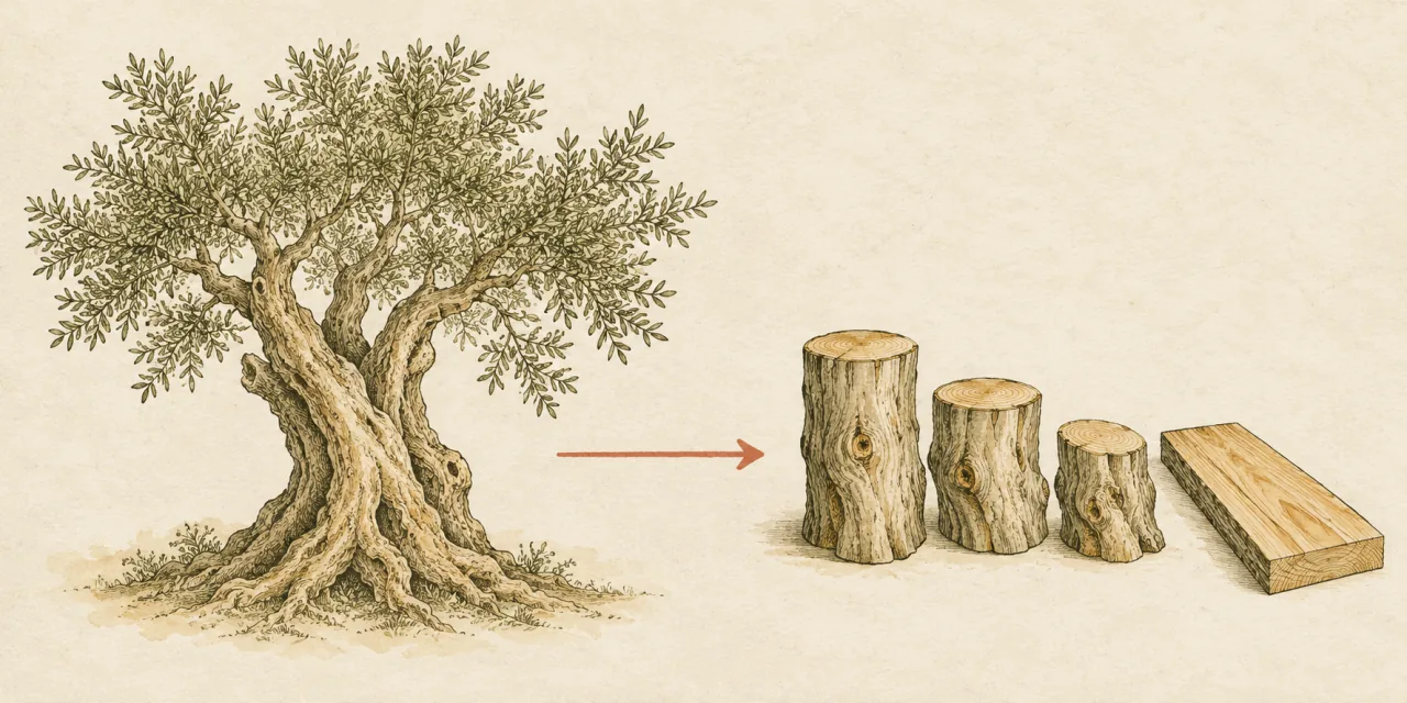 Un vecchio olivo dal tronco contorto e, indicati da una freccia, alcuni tronchetti corti e una tavola ricavati dal legno