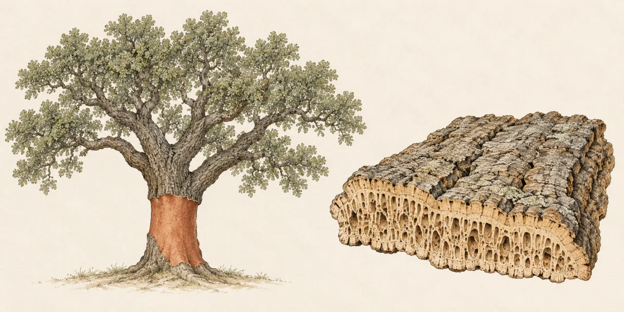 Una sughera con la parte bassa del tronco decorticata, che mostra lo strato interno rossiccio, e accanto una plancia di corteccia di sughero in sezione, con la struttura porosa